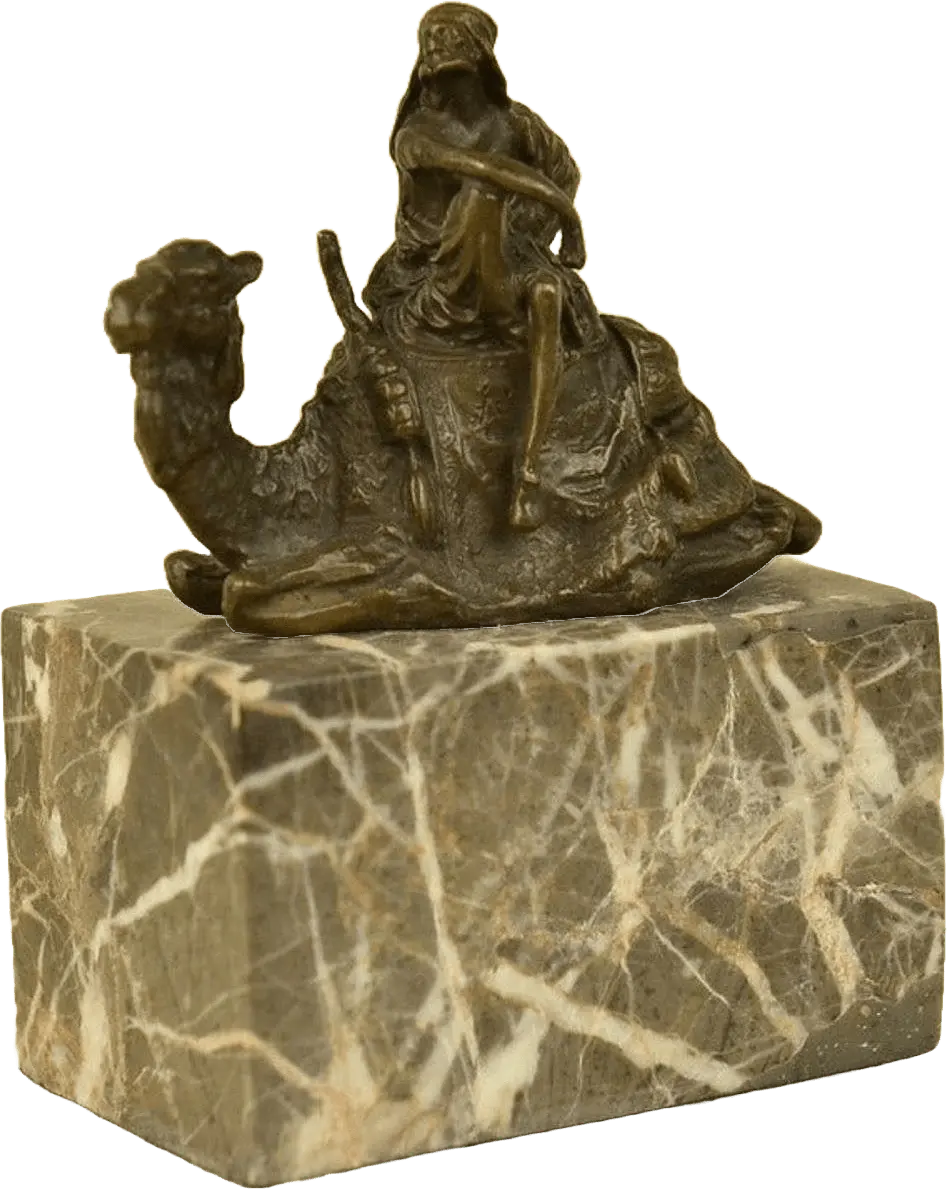 Arab Man Camel Rider Bronze Sculpture | Lost Wax Cast | Marble Base | Detailed Desert Scene Heritage Pastime