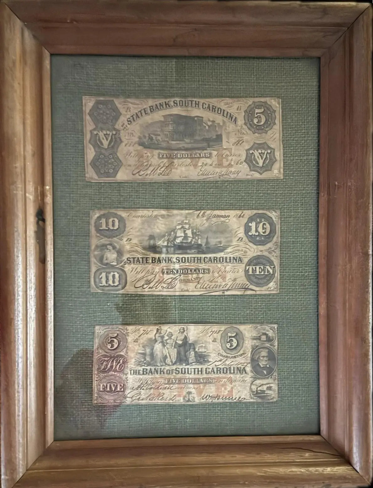 Framed South Carolina Obsolete Currency Collection – State Bank of Charleston Notes 1850s–1860s