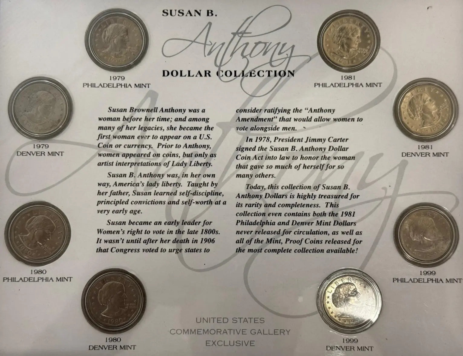 Framed Susan B. Anthony Dollar Collection (1979–1999) – Complete U.S. Coin Set Display Heritage Pastime