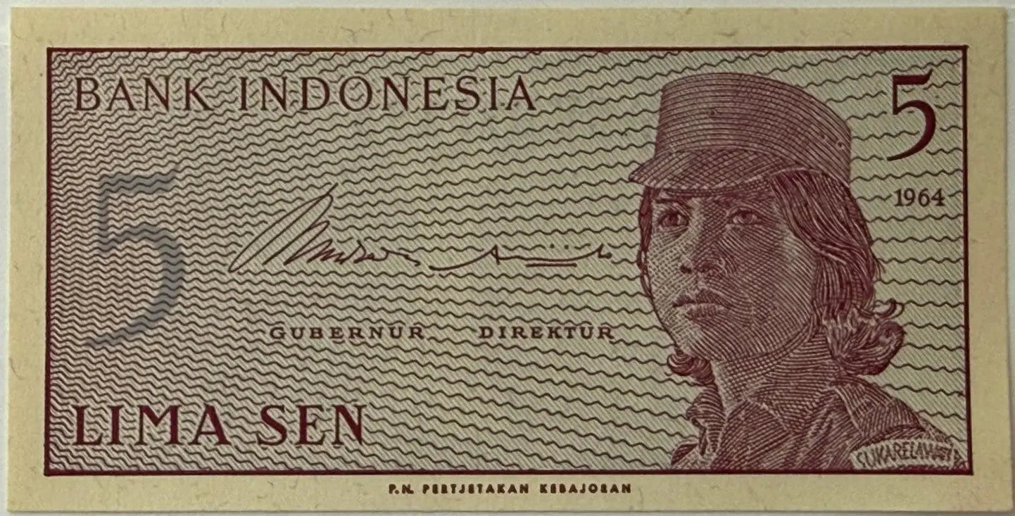 Indonesia 5 Sen Banknote (1964/1965) – “Sukarelawan” Series | Female Volunteer Design | Historic Currency Heritage Pastime