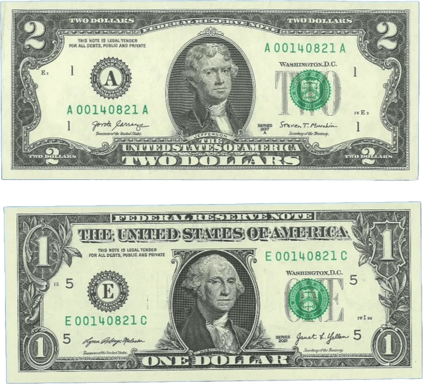 LOW DUPLICATE SERIAL NUMBER MATCHING $2 AND $1 NOTES! –SAME SERIALS Heritage Pastime
