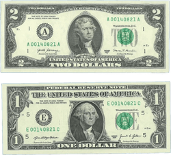 LOW DUPLICATE SERIAL NUMBER MATCHING $2 AND $1 NOTES! –SAME SERIALS