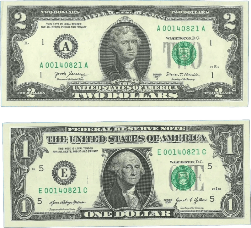 LOW DUPLICATE SERIAL NUMBER MATCHING $2 AND $1 NOTES! –SAME SERIALS Heritage Pastime