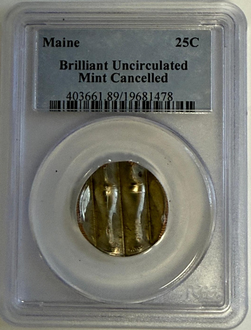 Maine State Quarter Mint Cancelled Error Coin PCGS Uncirculated with gold-toned surface