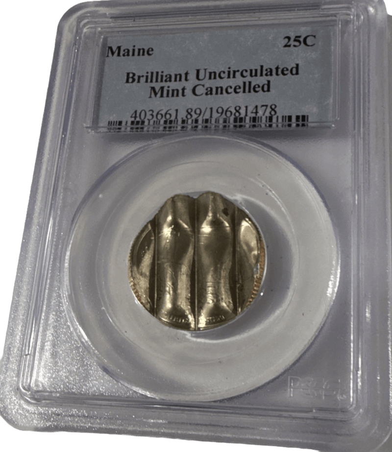 Maine 25C mint cancelled error quarter with vertical die strikes PCGS certified