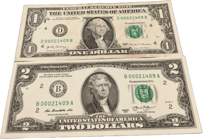 Matching Fancy Serial Number $1 & $2 Dollar Bills – Annapolis, MD Zip Code Notes – Rare Collector Pair Heritage Pastime
