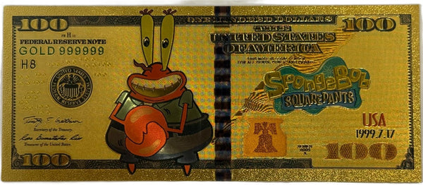 Mr. Krabs SpongeBob $100 Novelty Gold Foil Note – 24K Gold Plated Collectible Bill