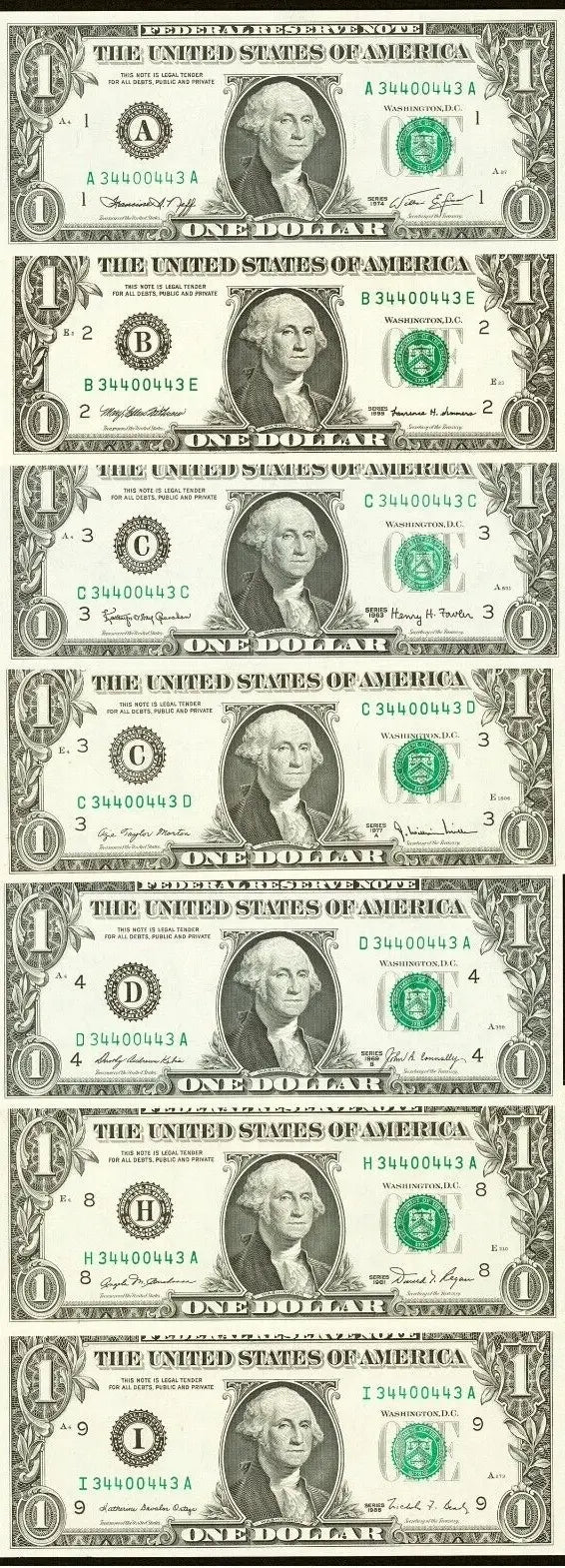 "Radar Strike: 7 Matching $1 Federal Reserve Bank Notes 34400443" - Various Years Heritage Pastime