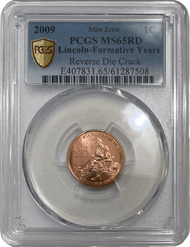 PCGS graded 2009 Lincoln cent reverse die crack label close-up