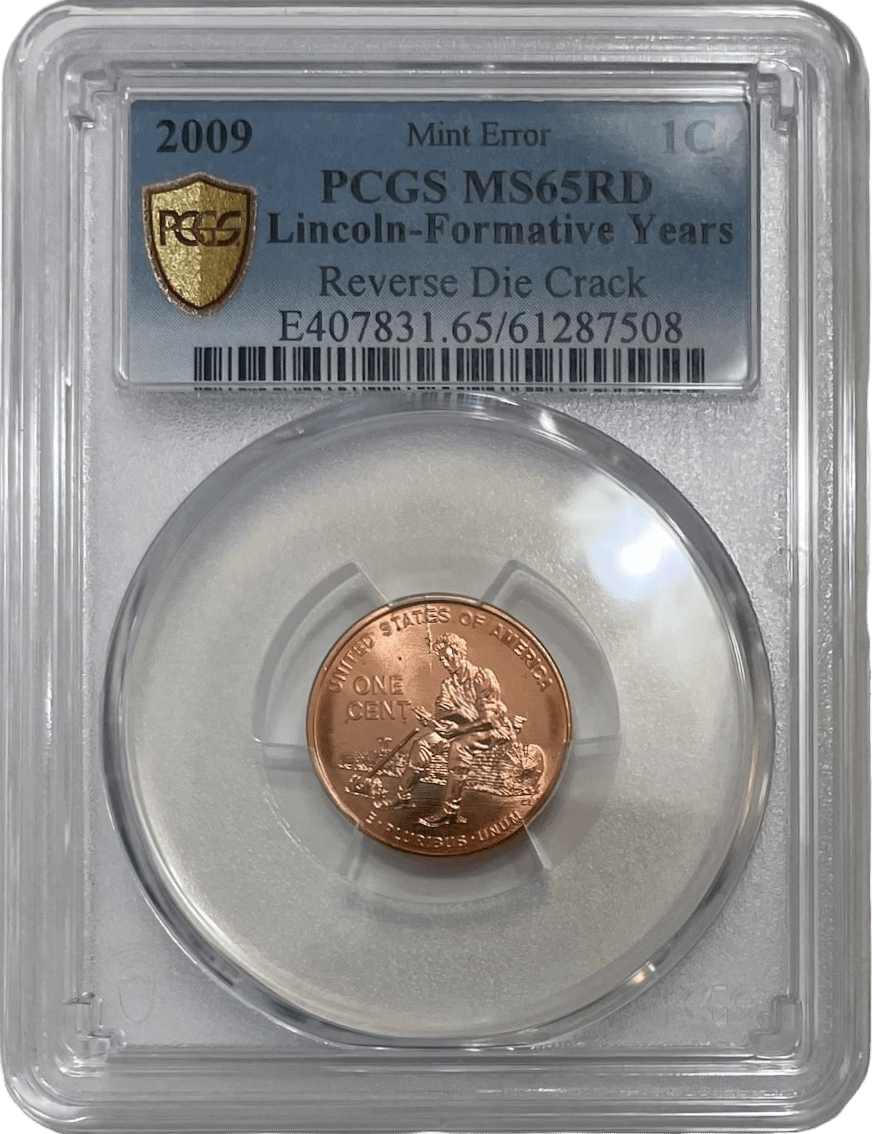 PCGS graded 2009 Lincoln cent reverse die crack label close-up