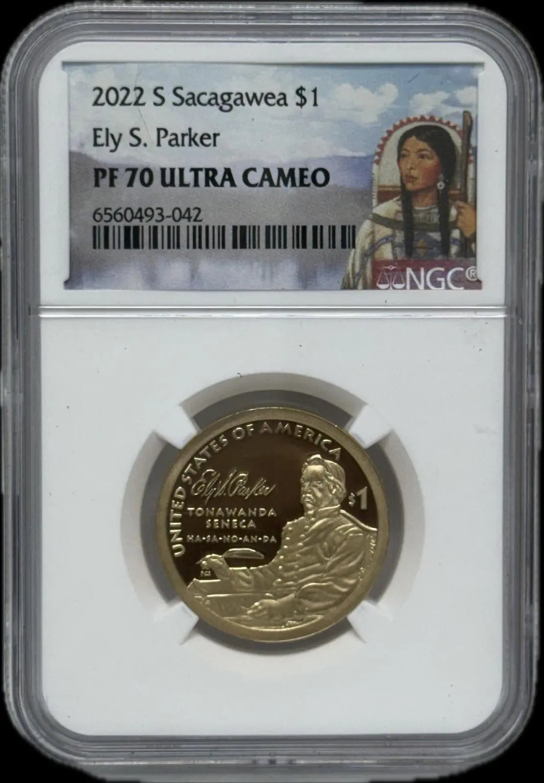 Sacagawea $1 2022-S Ely S. Parker ULTRA CAMEO PF70– Perfect First Day Issue Heritage Pastime