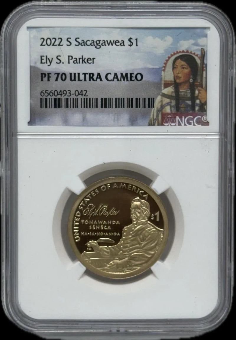 Sacagawea $1 2022-S Ely S. Parker ULTRA CAMEO PF70– Perfect First Day Issue Heritage Pastime