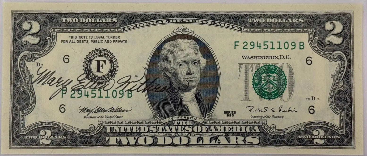 Series 1995 $2 Federal Reserve Note – Atlanta District (FRB 6) | Signed by Mary Ellen Withrow Heritage Pastime