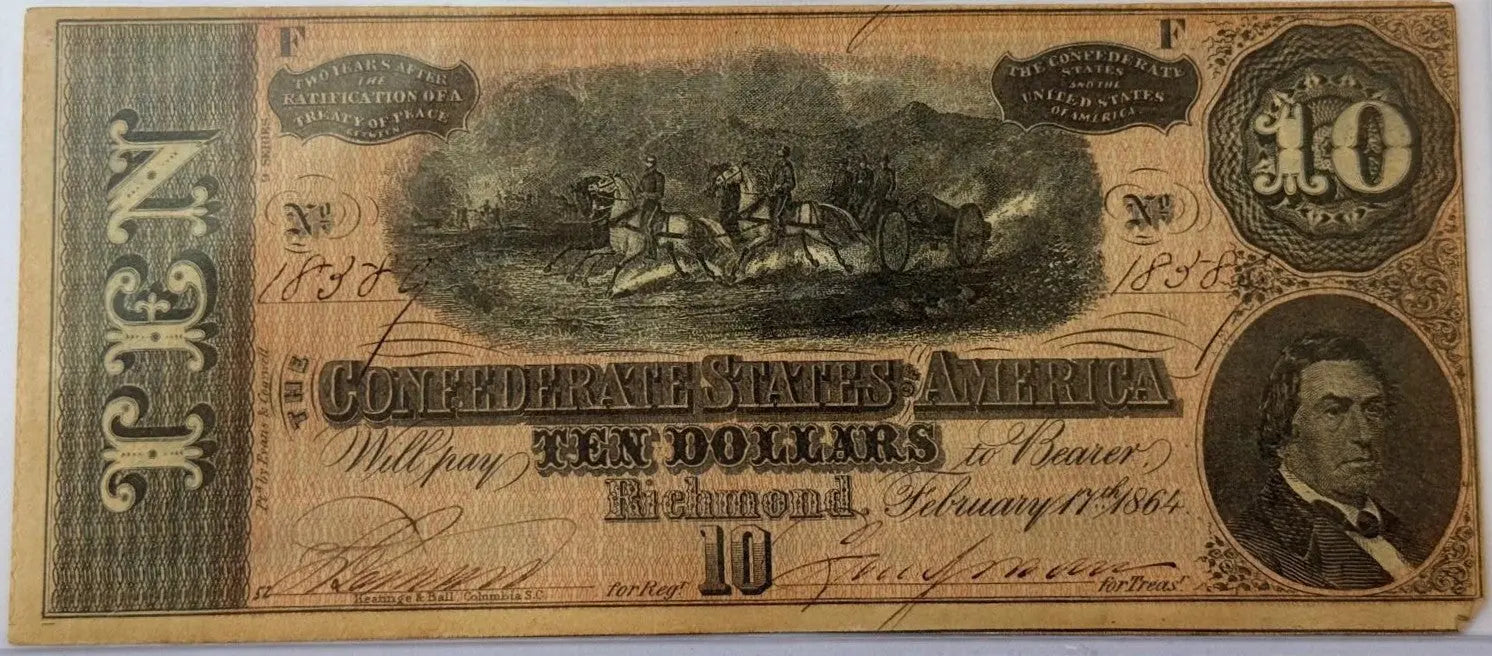 Set Of 2 1864 Confederate States of America $10 Notes – Consecutive Serial Numbers | Civil War Currency Heritage Pastime