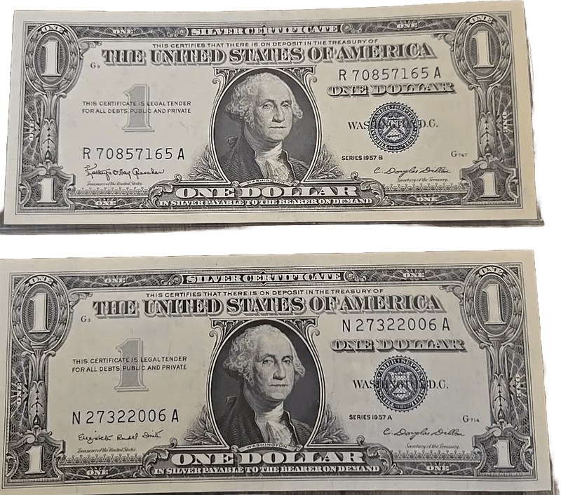 Set Of Two 1957 A And 1957 B Silver Certificate. 1 Uncirculated 1 About Uncirculated Heritage Pastime