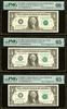 Four $1 Radar serial notes in PMG slabs showing Philadelphia and New York district details