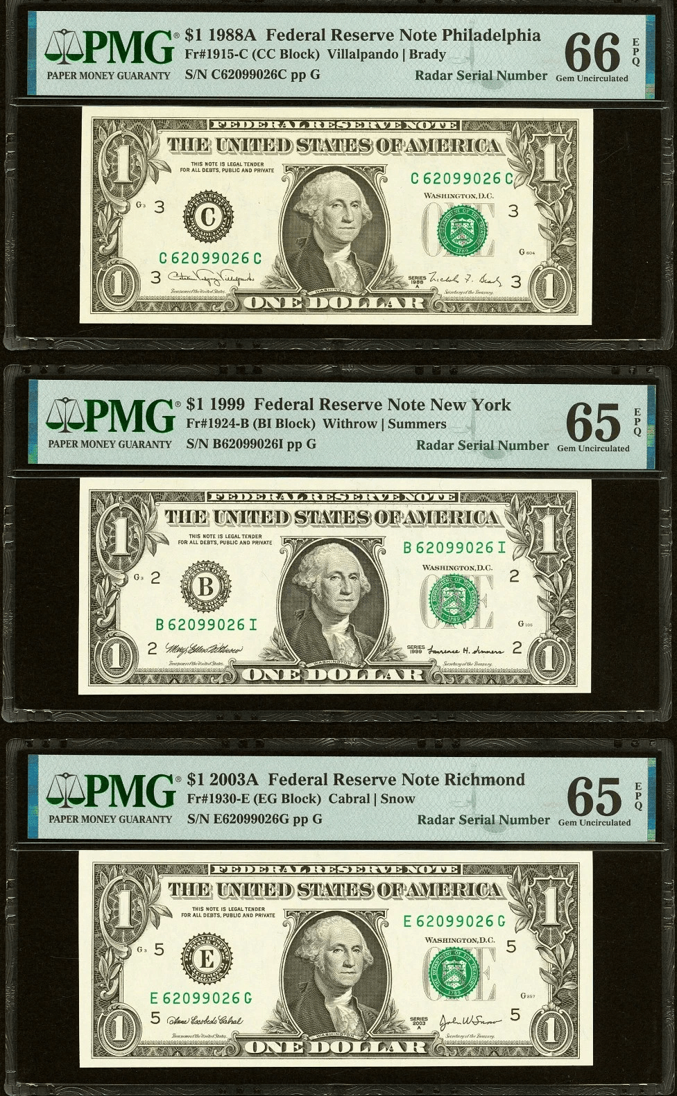 Four $1 Radar serial notes in PMG slabs showing Philadelphia and New York district details