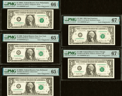 Set of 5 Matching $1 Radar Serial Number Notes – PMG Graded 67 EPQ, 66 EPQ & 65 EPQ | Rare Fancy Serial Currency Collection