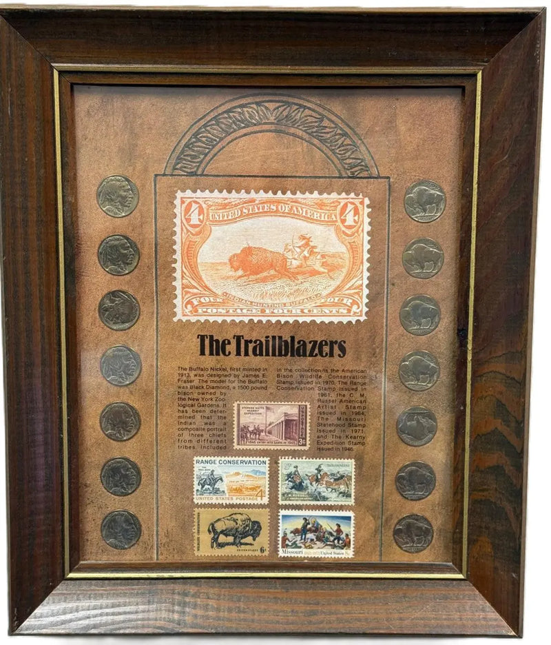 “The Trailblazers” Framed Buffalo Nickel Collection – Historic U.S. Coin & Stamp Display Heritage Pastime