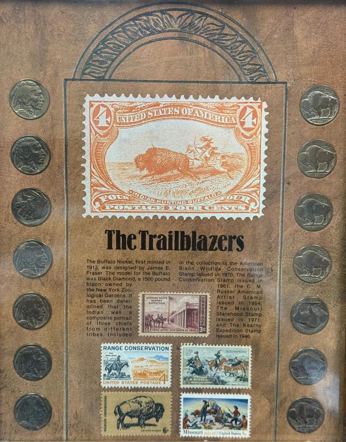 “The Trailblazers” Framed Buffalo Nickel Collection – Historic U.S. Coin & Stamp Display Heritage Pastime