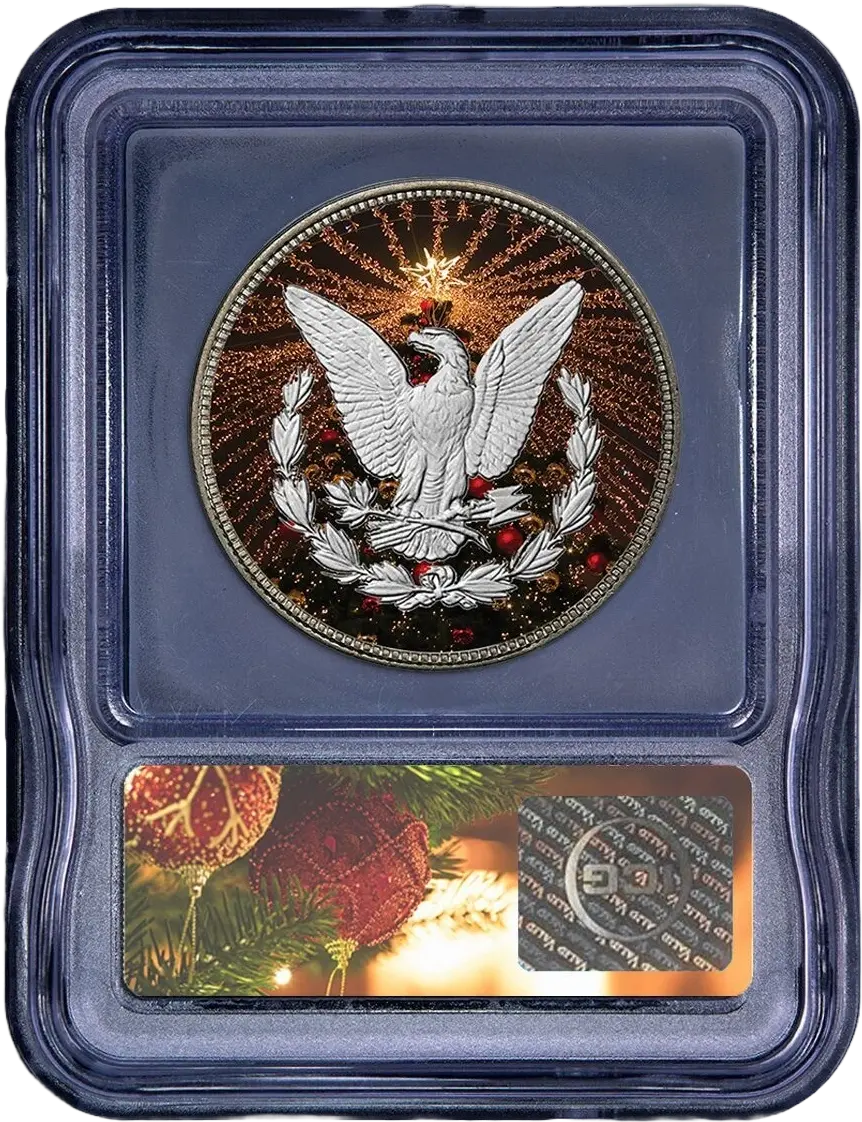 U.S. Morgan Silver Dollar Colorized Christmas Genuine 1921 ICG Christmas Label1921 U.S. Morgan Silver Dollar – Colorized Christmas with ICG Genuine Christmas Label Coin Hub