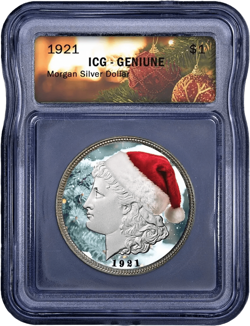 U.S. Morgan Silver Dollar Colorized Christmas Genuine 1921 ICG Christmas Label1921 U.S. Morgan Silver Dollar – Colorized Christmas with ICG Genuine Christmas Label Heritage Pastime