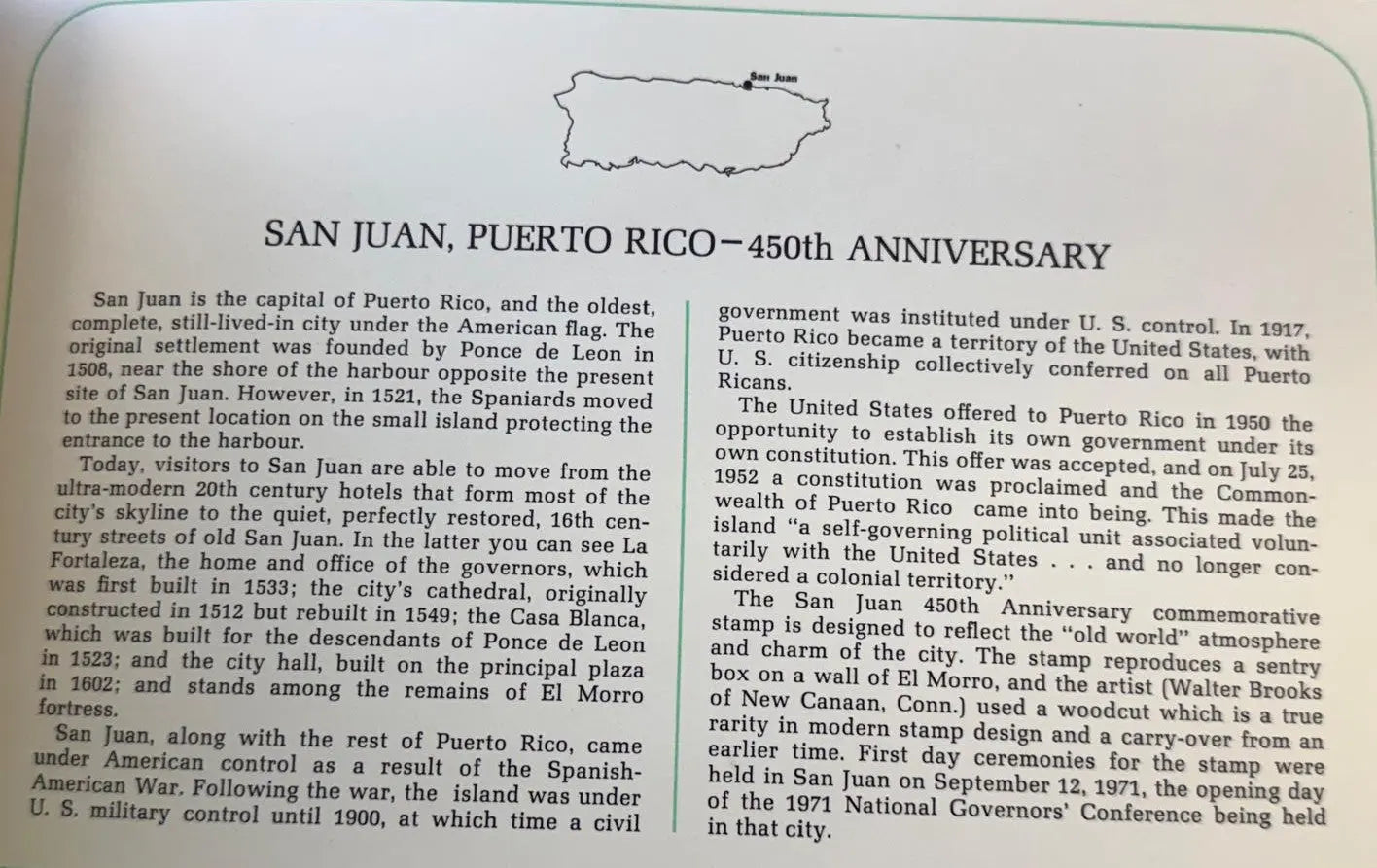 United States First Day Cover (FDC) 1971 – 450th Anniversary of San Juan, Puerto Rico | Rare Commemorative Postal Cover Heritage Pastime