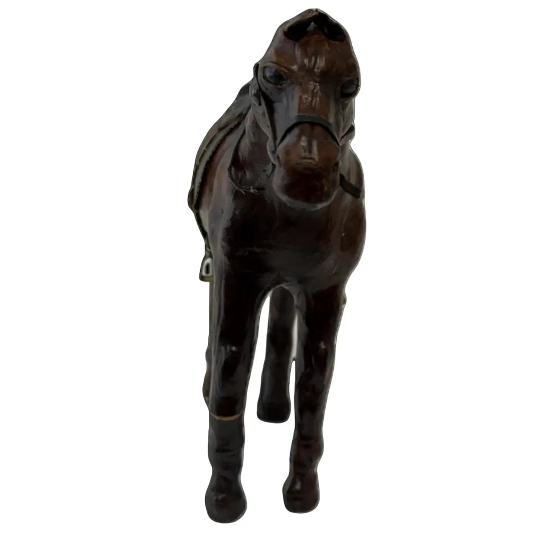 Vintage Leather-Wrapped Horse Figurine with a saddle and bridle. Heritage Pastime
