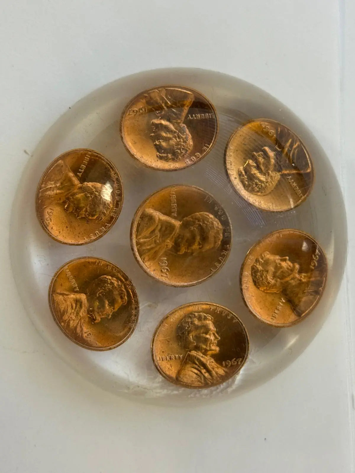 Vintage Lucite Acrylic Paperweight with Embedded Lincoln Memorial Pennies (1957–1967 Era) Heritage Pastime