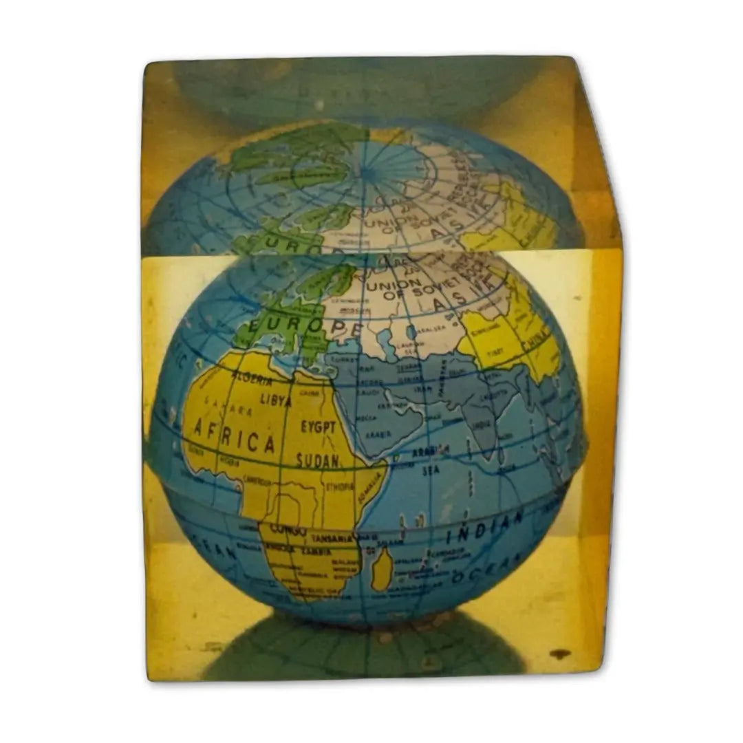 Vintage Lucite globe paperweight cube