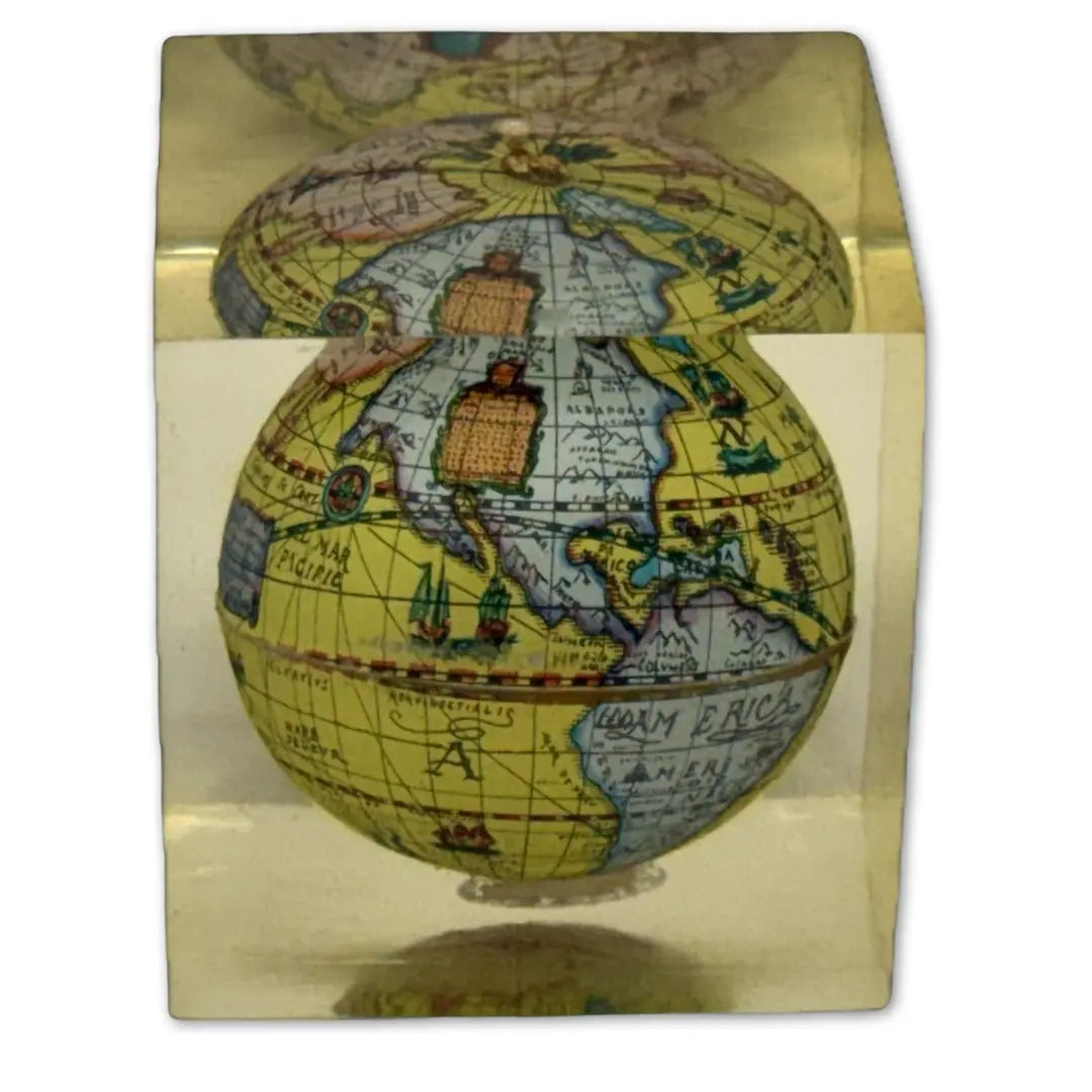 Vintage Lucite globe paperweight cube
